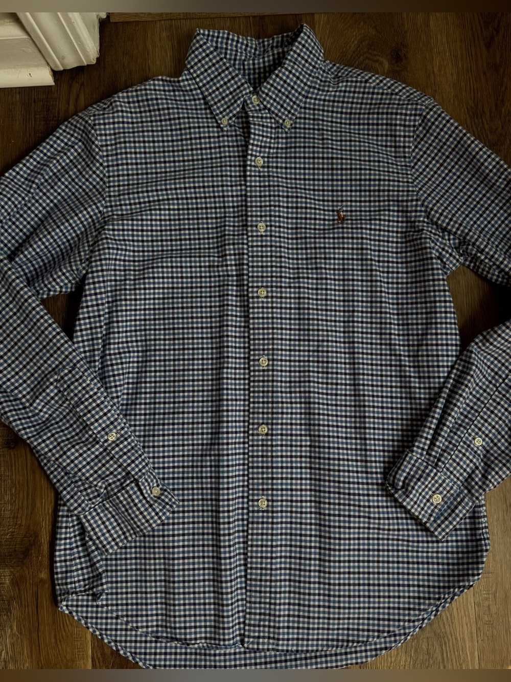 Ralph Lauren navy, blue, and white gingham button-up shirt